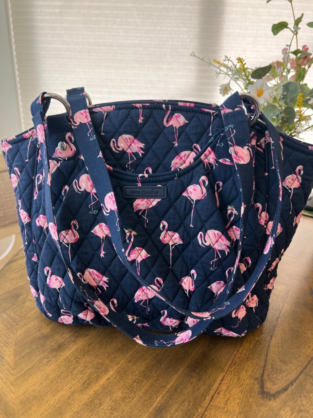 Vera Bradley Navy Quilted Tote with Pink Flamingo Print